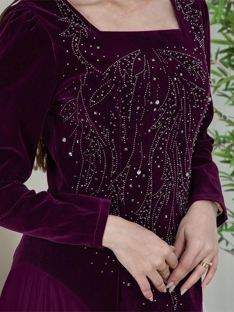 Velvet Chiffon Stitching Raffer Evening Dress Kaftan Dress