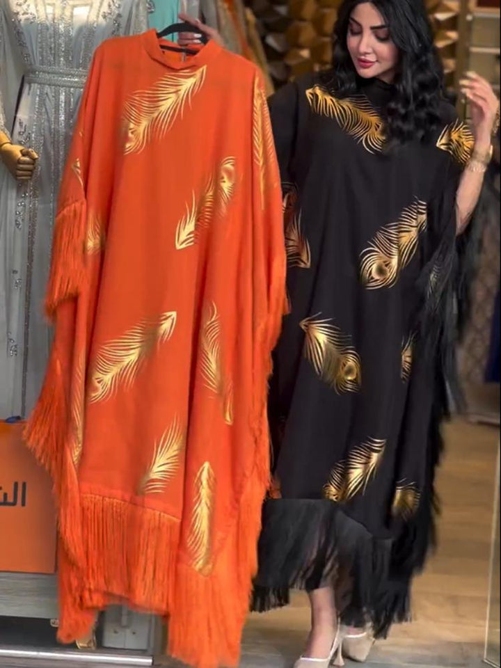 Bronzing Printed Batwing Sleeve Tassel Kaftan Dress