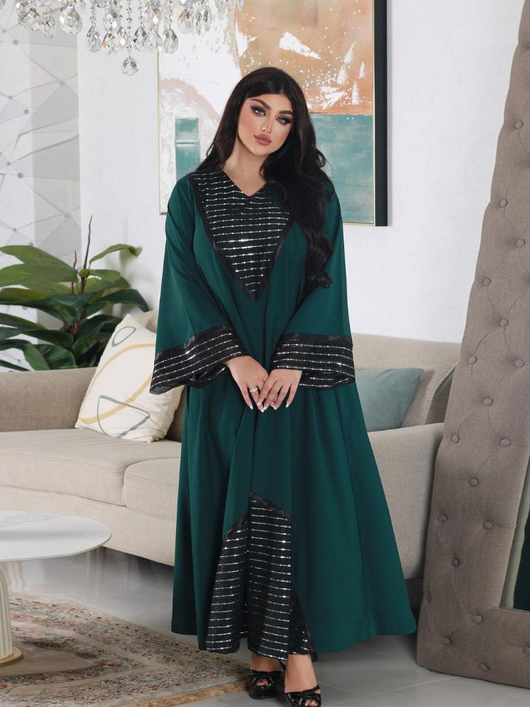 Women's Embroidered Sequins V-Neck Abaya Dress