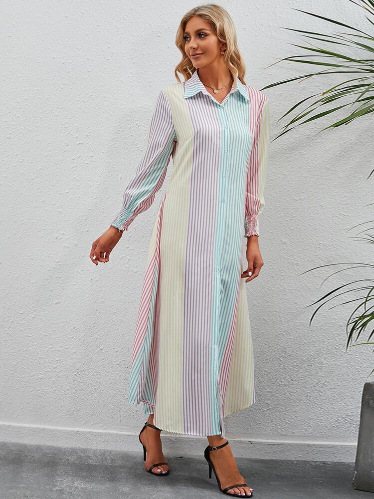 Stripe Lapel Long Sleeve Dress