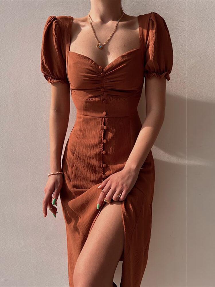 Square Collar Single-breasted Solid Color Dress