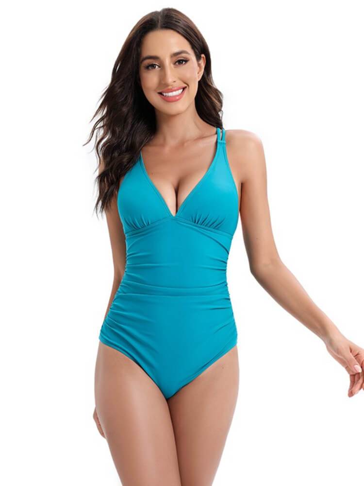 V-Neck Solid Color Triangle One-piece Swimsuit