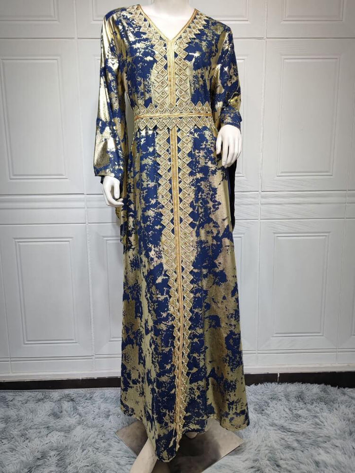 V-Neck Chiffon Gilded Flared Gown Dress (Included Belt)