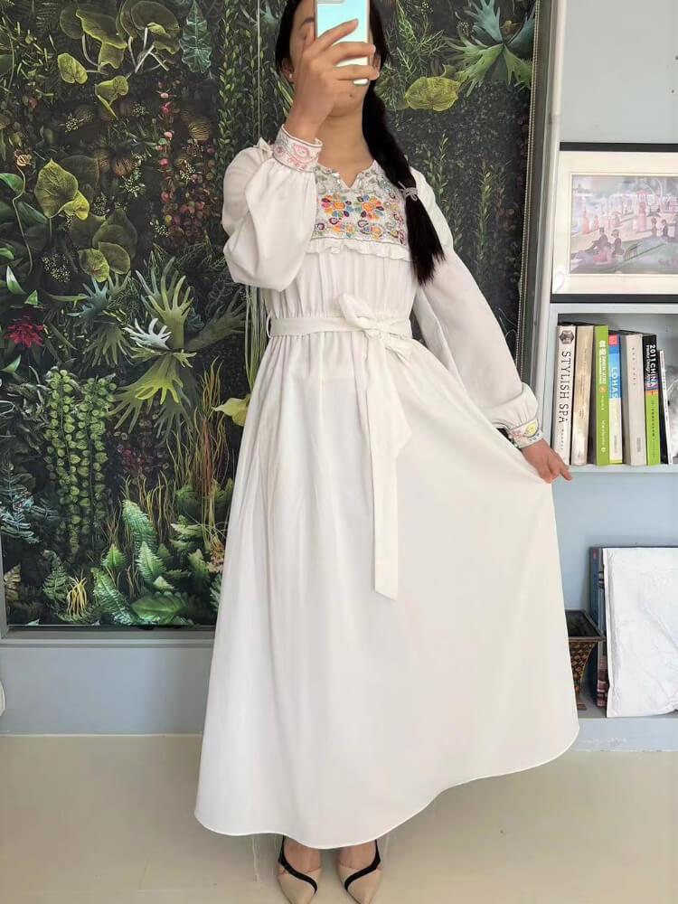 V-Neck Long-Sleeve Embroidered Dress