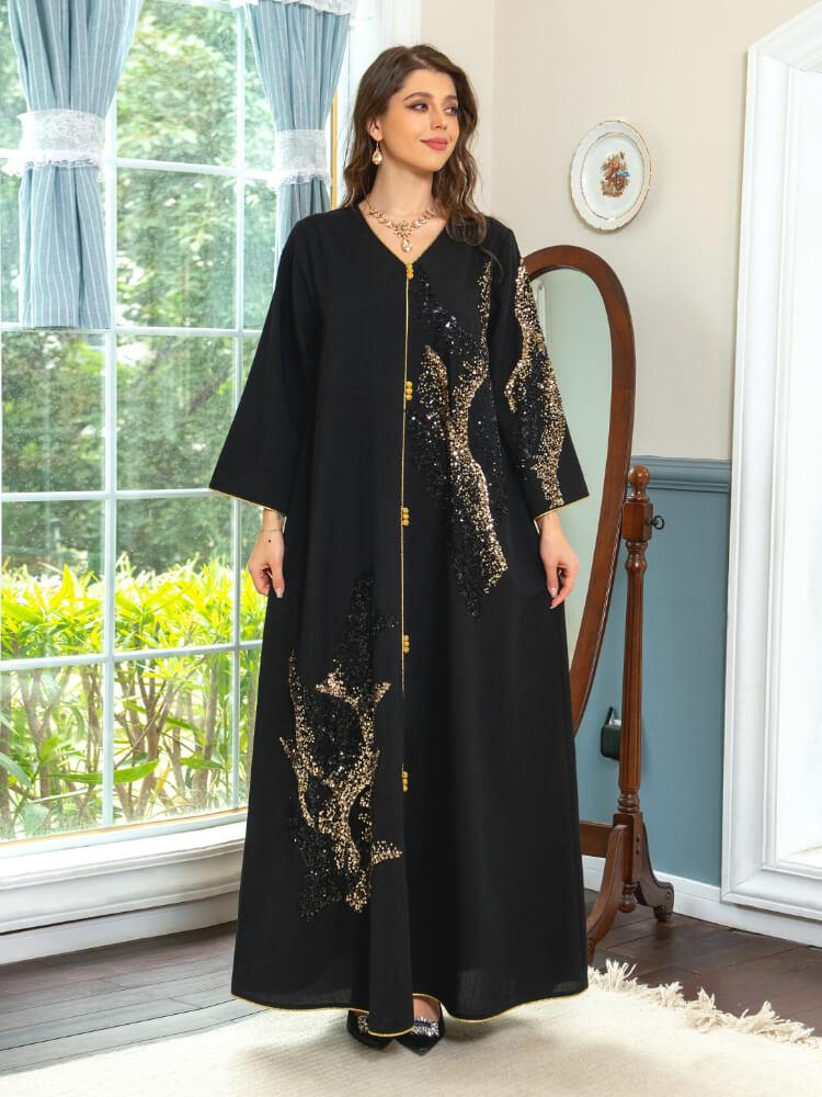 V-Neck Long Sleeve Stitching Beaded Embroidered Dress
