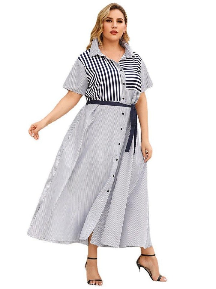 Lapel Stripe Short Sleeve Bandage Shirt Dress