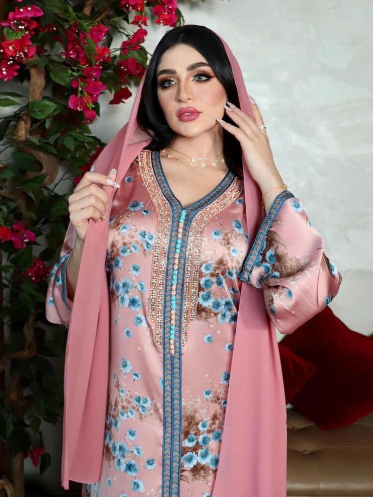 Women's Pink Hot Diamond Print Dress Jalabiya(Without Hijab)