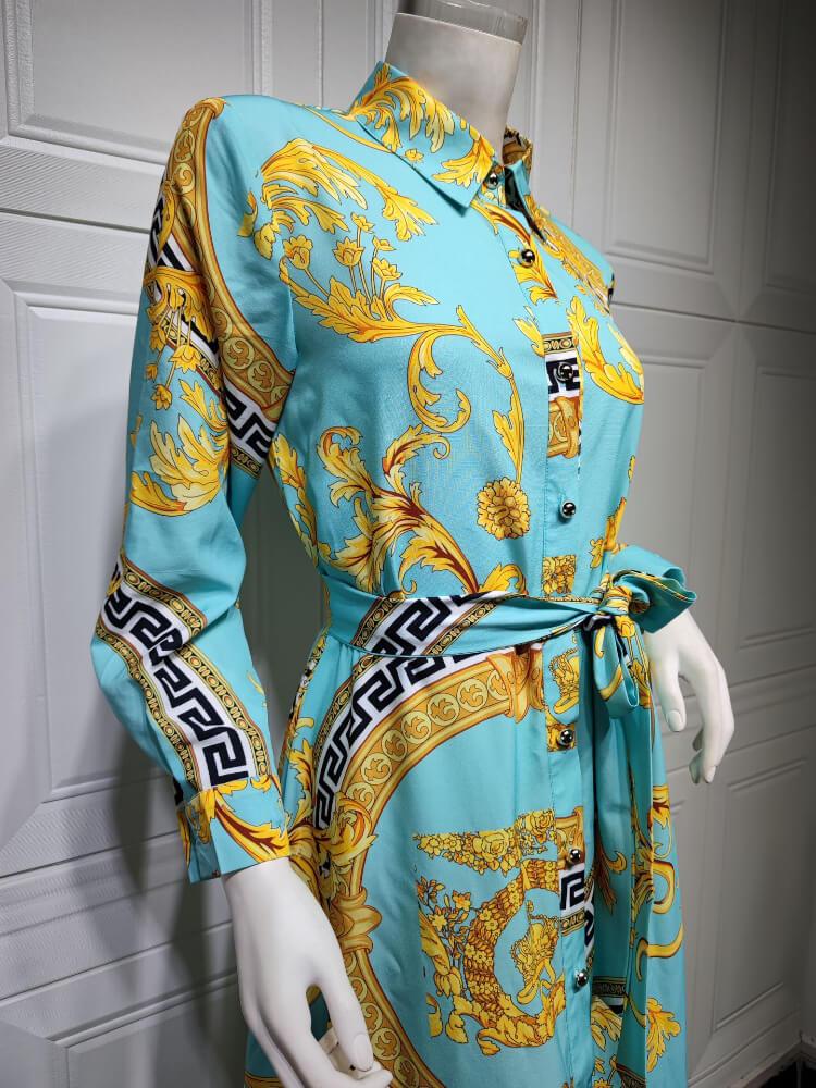 Women's Lapel Printed Shirt Long Sleeve Dress