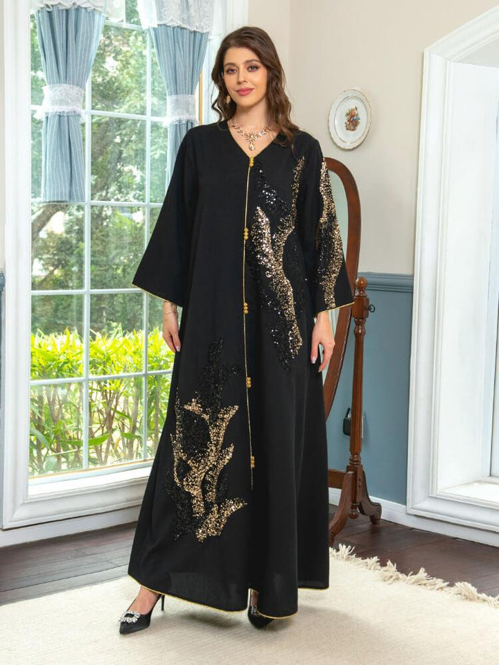 V-Neck Long Sleeve Stitching Beaded Embroidered Dress