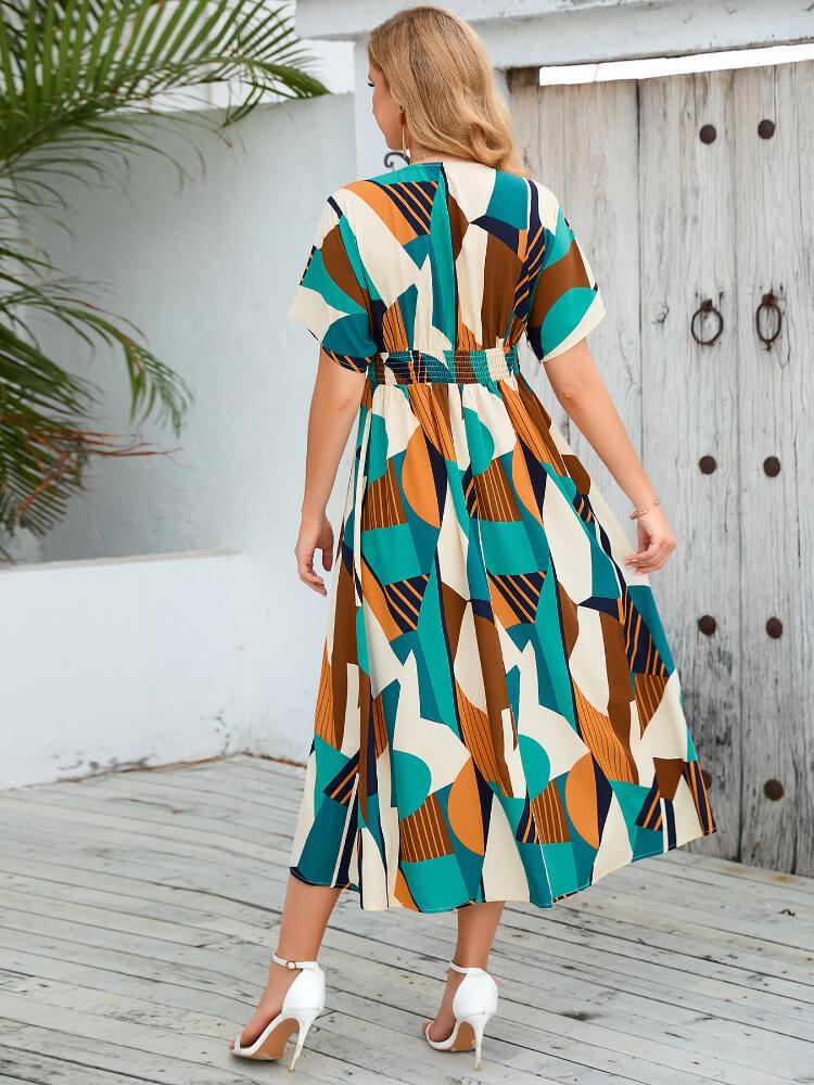 V-Neck Geometric Print Split Short Sleeve Irregular Dress