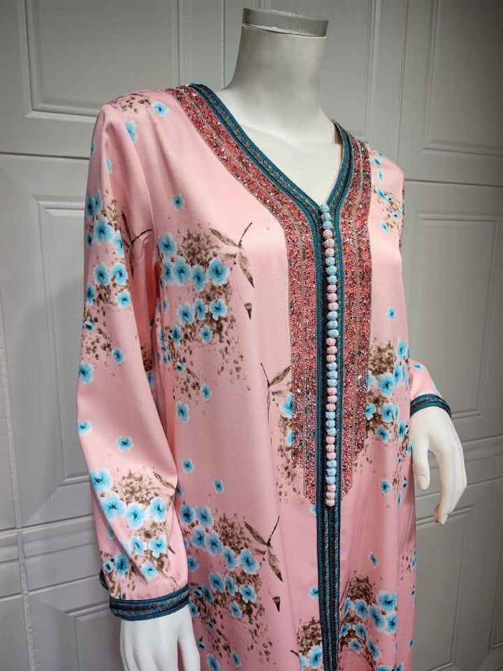 Women's Pink Hot Diamond Print Dress Jalabiya(Without Hijab)