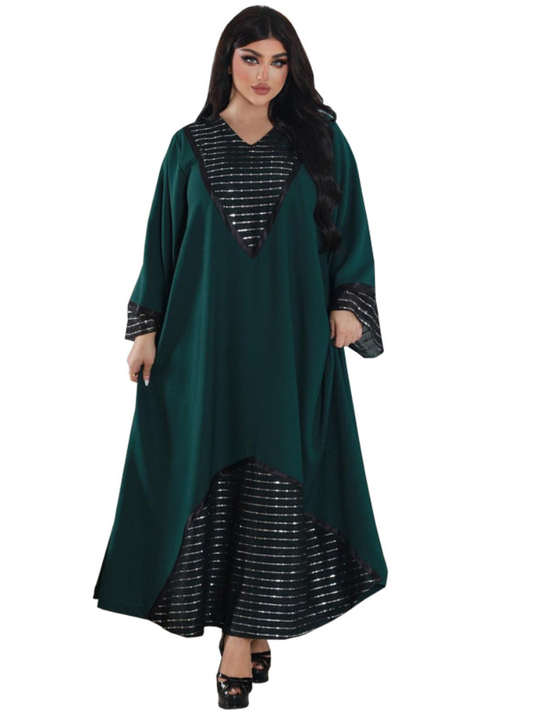 Women's Embroidered Sequins V-Neck Abaya Dress