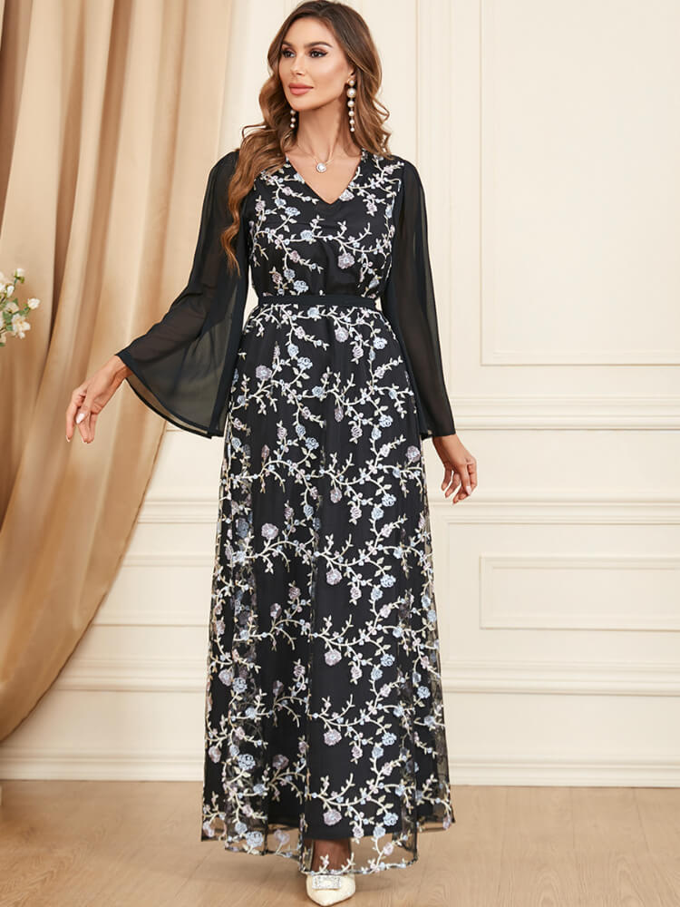 Women's Long Sleeve Chiffon Embroidered Dress