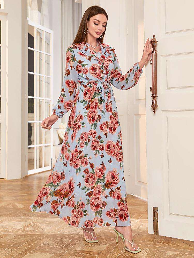 Chiffon Pleated Floral Print Long Sleeve Dress