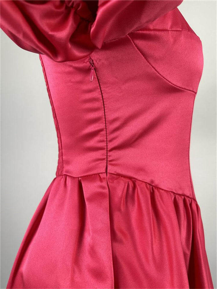 Square Collar Bubble Sleeve Tight Waist Midi Dress