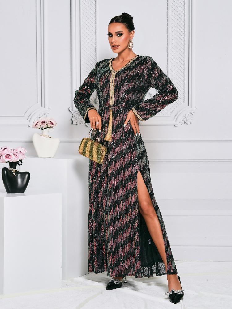 Elegant Long Sleeve V-Neck Maxi Dress Kaftan