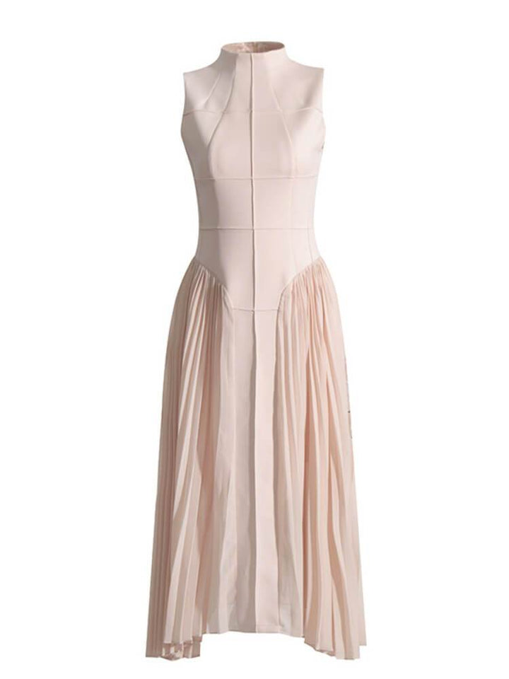 Solid Color Stand Collar Pleated Maxi Dress