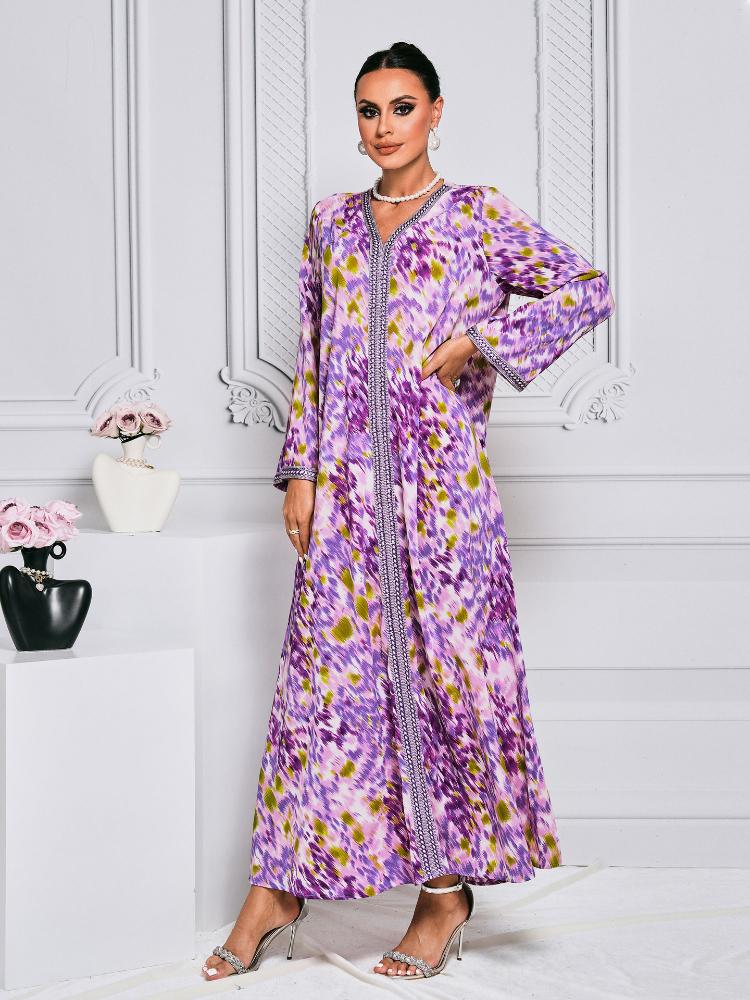 Leopard Printed V-Neck Long Sleeve Dress Jalabiya