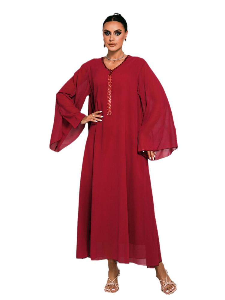 Long Sleeve V-Neck Solid Color Dress Kaftan