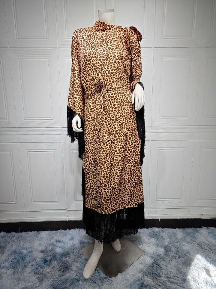 Fashion Batwing Sleeve Tassel Leopard Printed Kaftan
