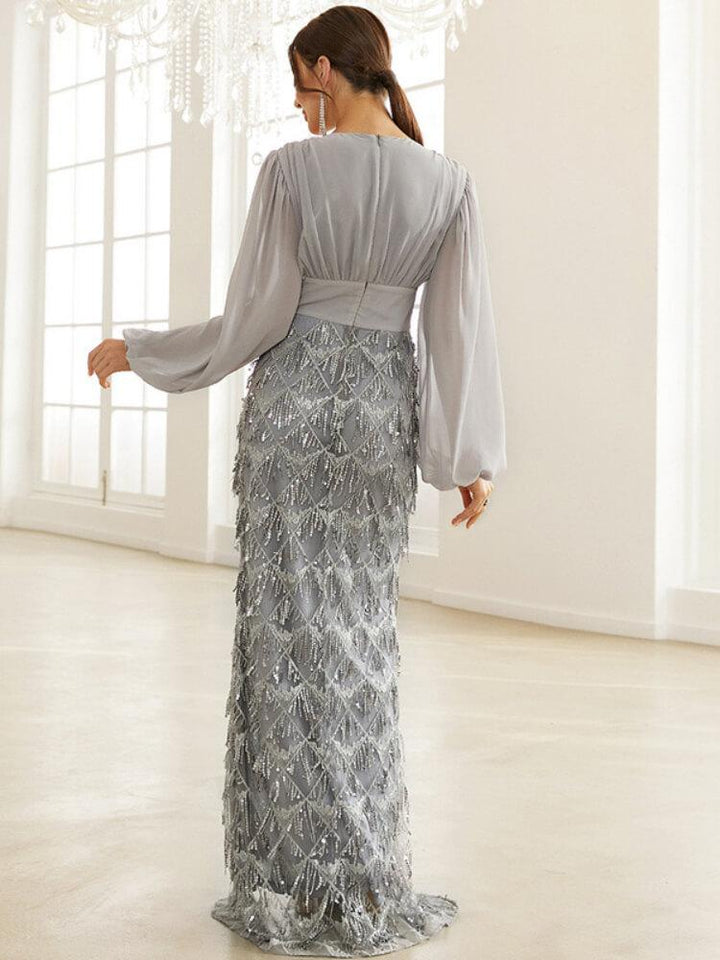 V-Neck High Waist Sequin Tassel Evening Dress