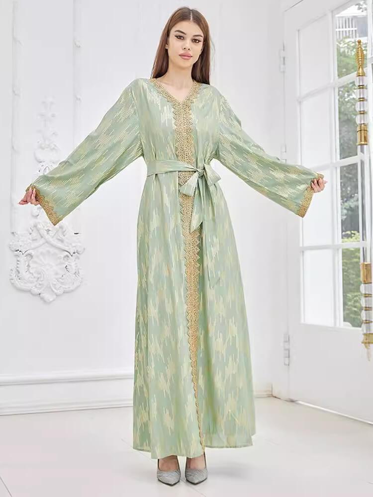 Elegant V-Neck Lace Stitching Maxi Dress Jalabiya