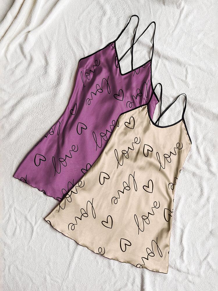 Women's Heart-Print Backless Skirt Night Dress