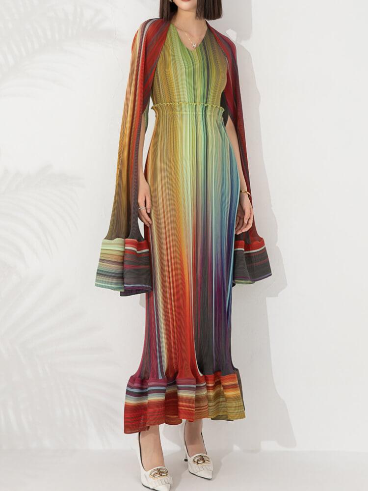 Ombre Color V-Neck Inner Long Sleeve Outer Dress Set