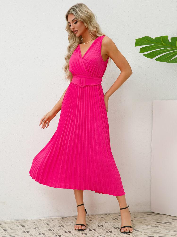 Solid Color Pleated V-Neck Mid-Waist Maxi Dress
