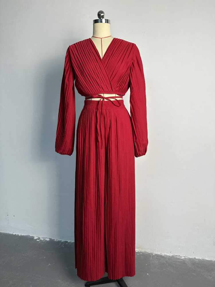 V-Neck Pleated Cropped Top Wide Leg Pants Suit