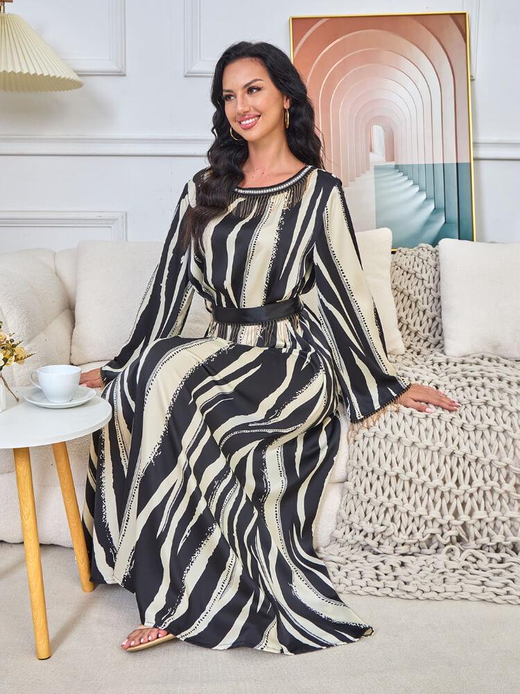 Women's Zebra Printed Tassel Maxi Dress Jalabiya