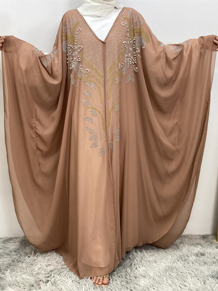 Floral Pattern Rhinestones Cardigan Maxi Dress Abaya