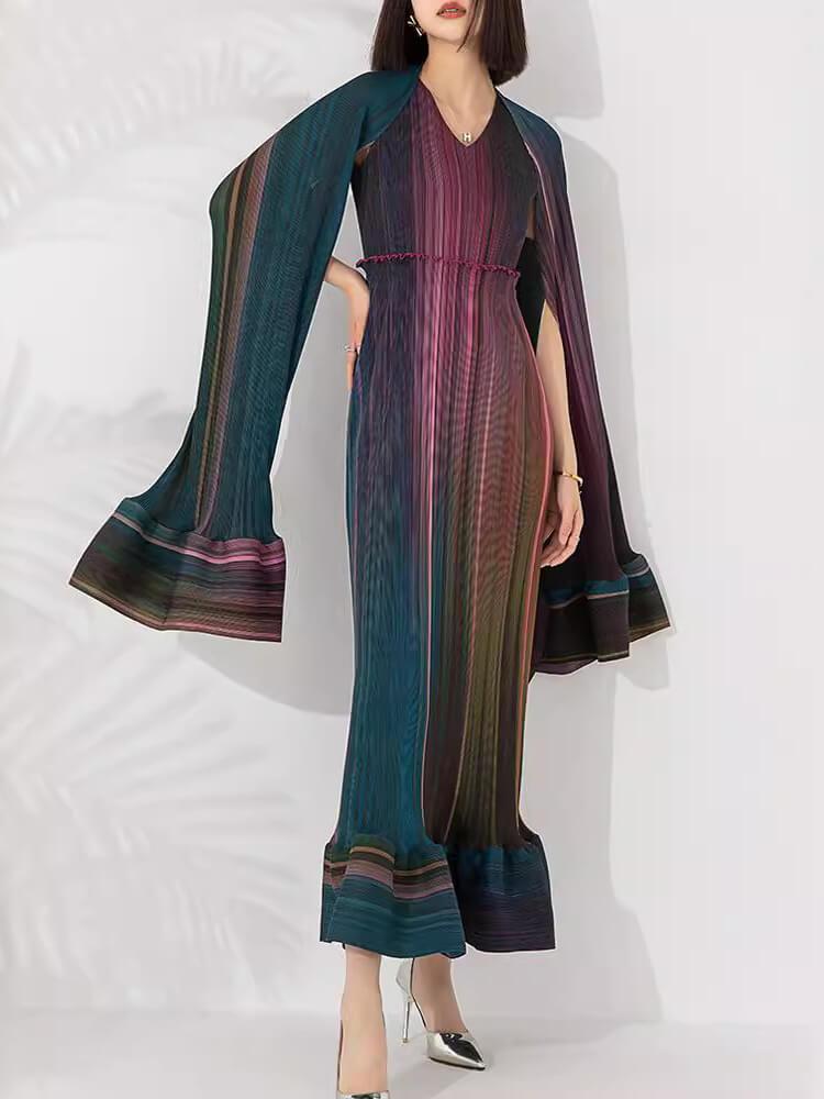 Ombre Color V-Neck Inner Long Sleeve Outer Dress Set
