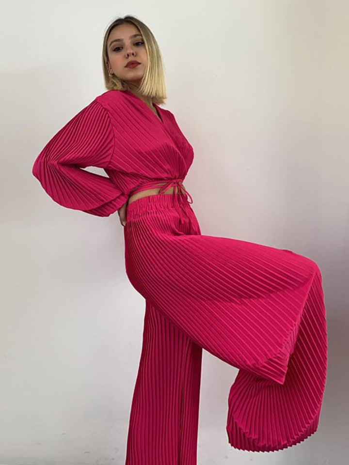 V-Neck Pleated Cropped Top Wide Leg Pants Suit