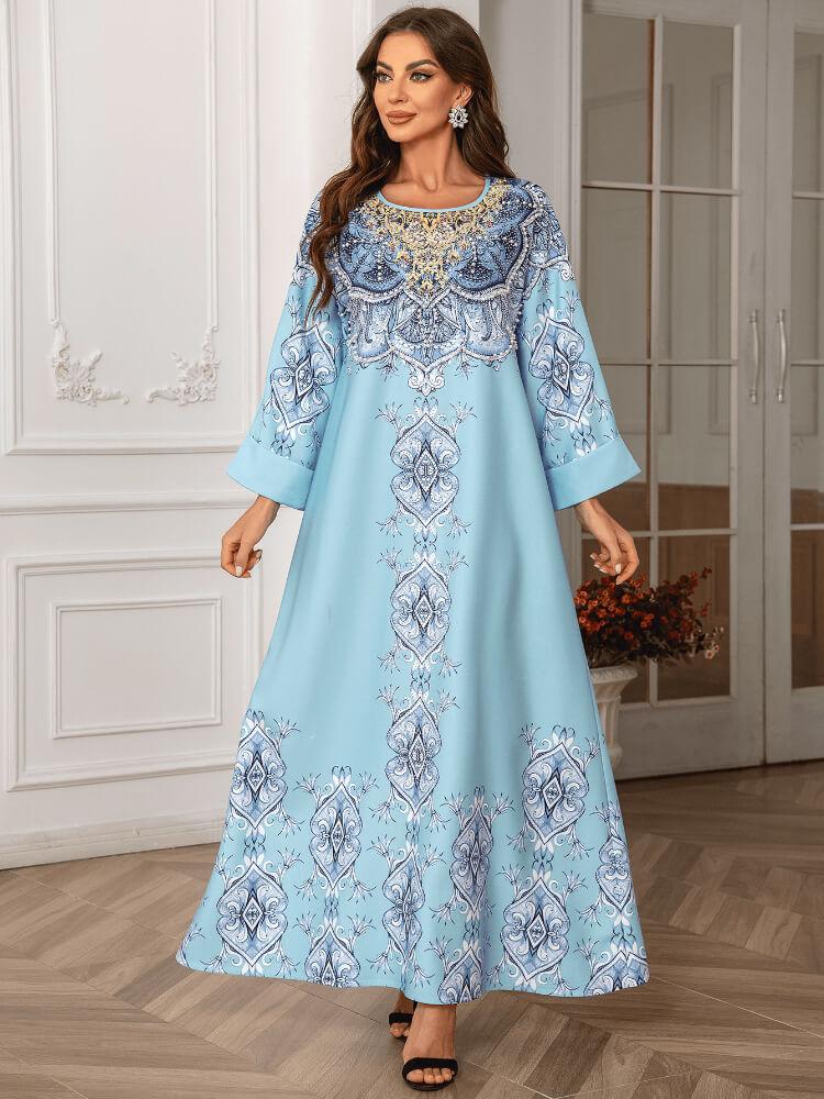 Women's Elegant Print Beaded Maxi Dress Jalabiya