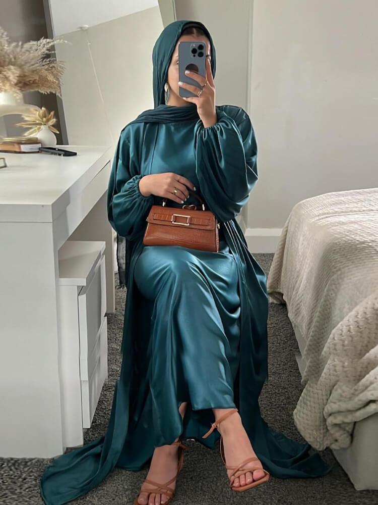 Elegant Solid Color Long Sleeve Two-Piece Abaya(WithBelt)