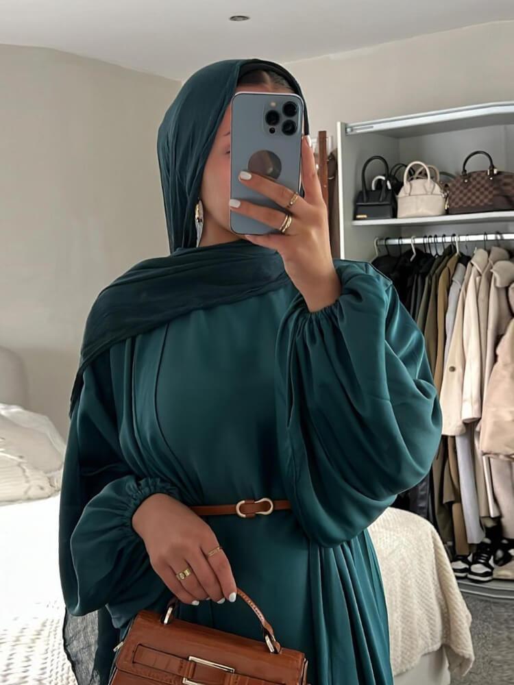 Elegant Solid Color Long Sleeve Two-Piece Abaya(WithBelt)