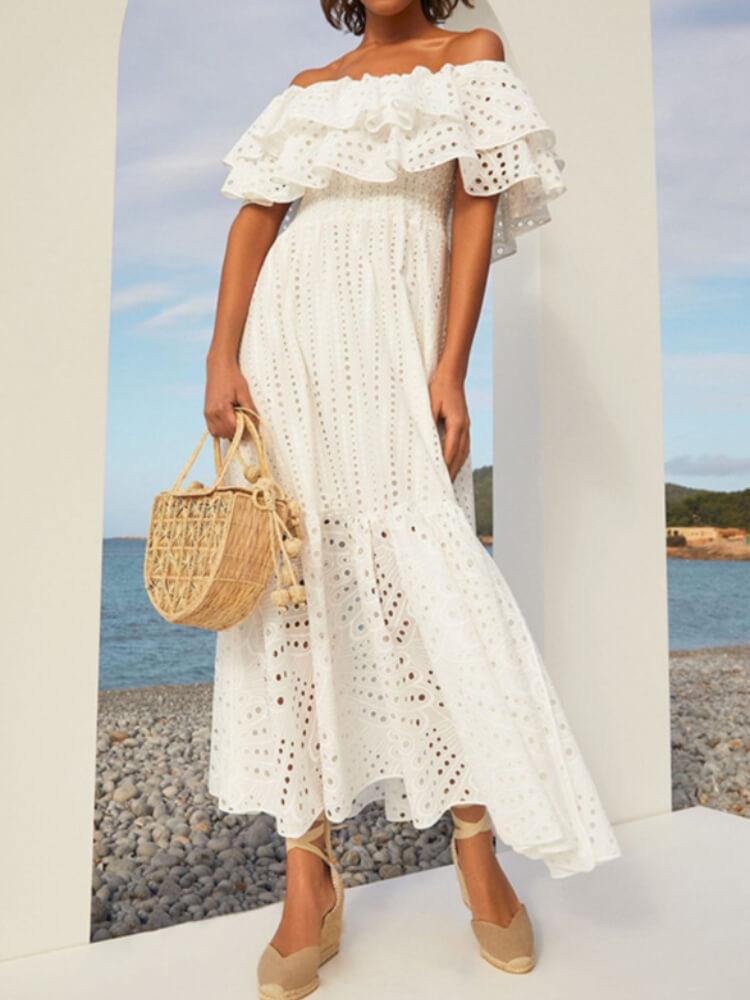 Off Shoulder Ruffled Hollow-Out Maxi Dress