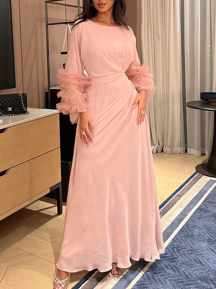 Solid Color Pleated Long Sleeve Evening Dress