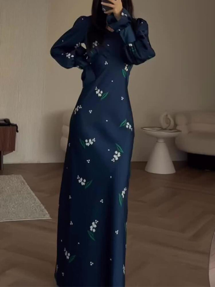 Elegant Printed Bell Sleeve Slim Maxi Dress