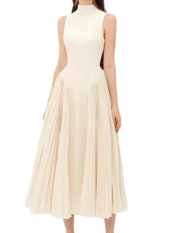 Solid Color Stand Collar Pleated Maxi Dress