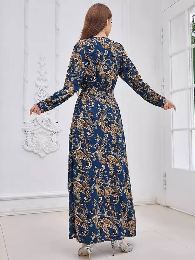 Printed Shirt Lace-Up Robe Maxi Dress Abaya