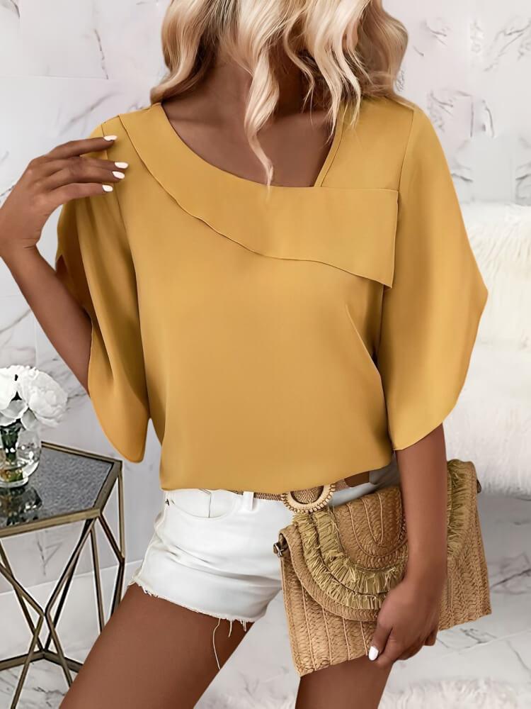 Solid Color Slim-Fit Square-Neck Mid-Sleeve Top