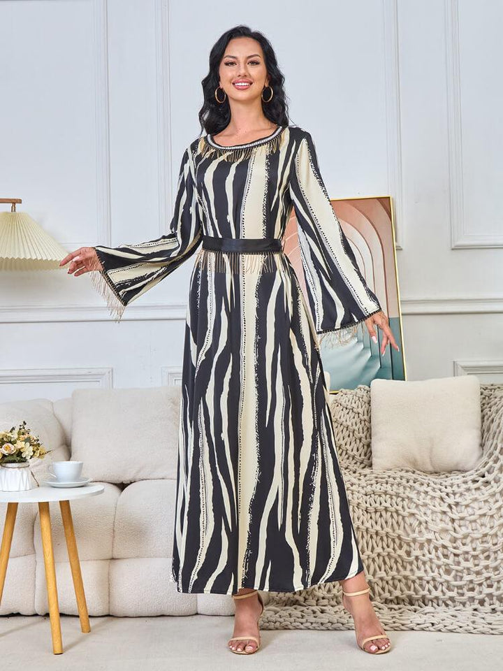 Women's Zebra Printed Tassel Maxi Dress Jalabiya