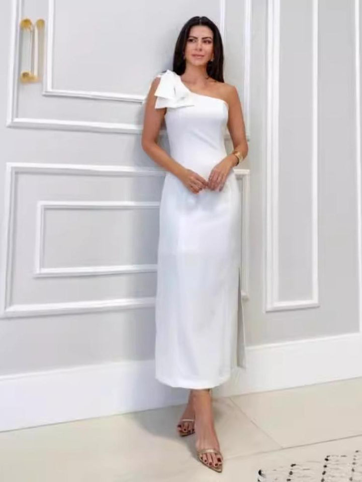 Elegant Solid Color Slant Collar Split Maxi Dress