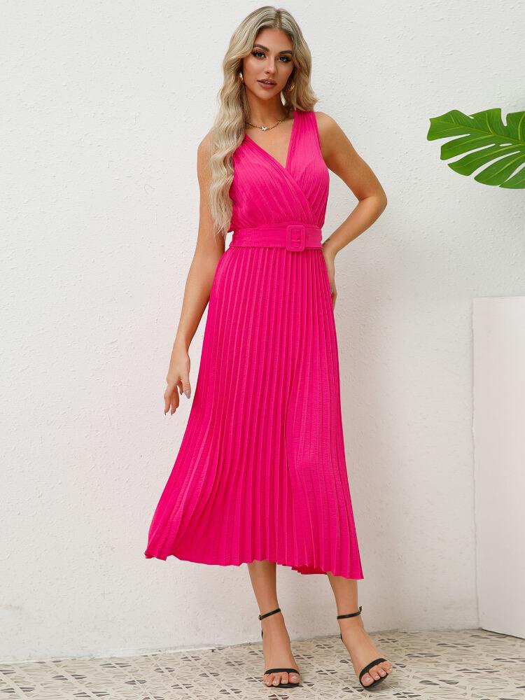Solid Color Pleated V-Neck Mid-Waist Maxi Dress