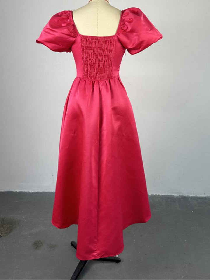 Square Collar Bubble Sleeve Tight Waist Midi Dress