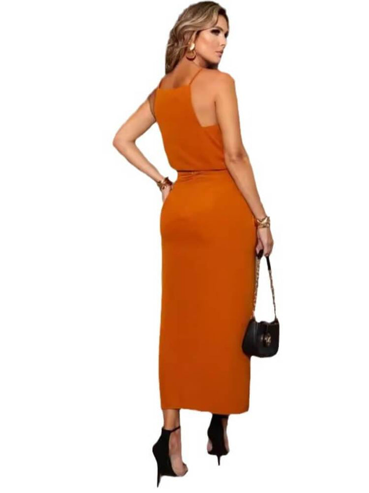 Women's Solid Color Pleated Waist Sling Midi Dress