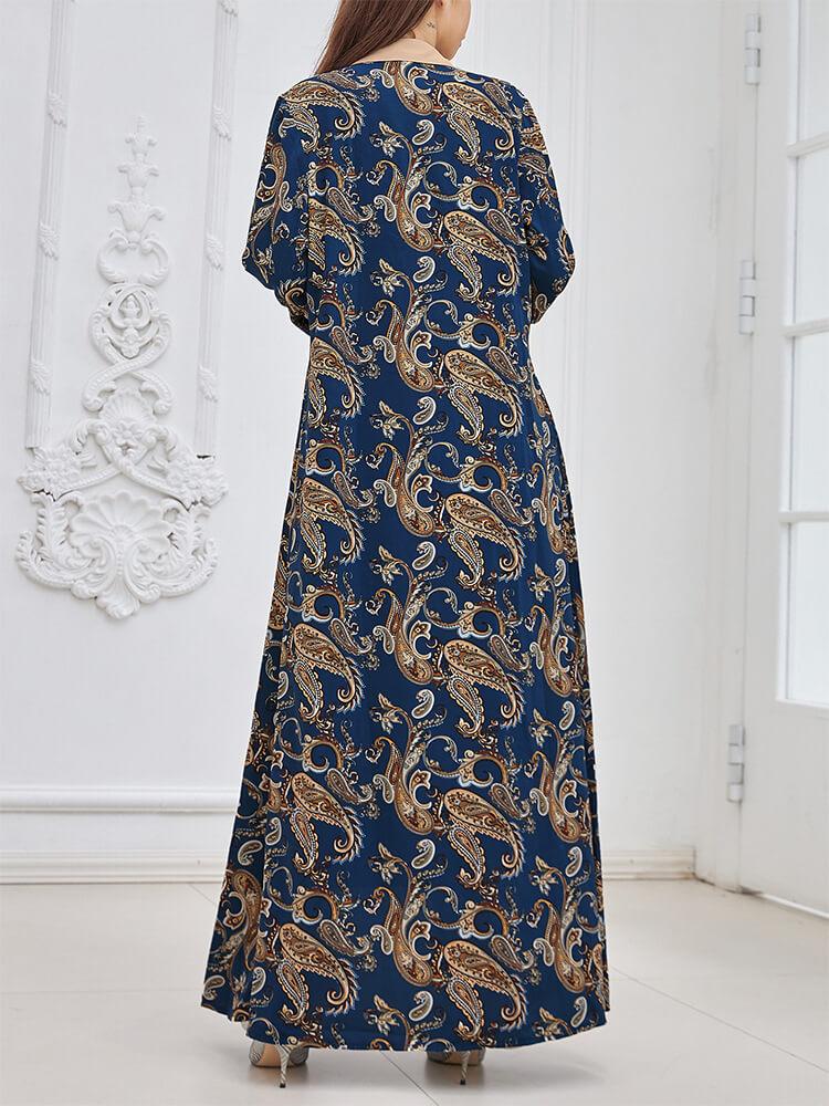 Printed Shirt Lace-Up Robe Maxi Dress Abaya