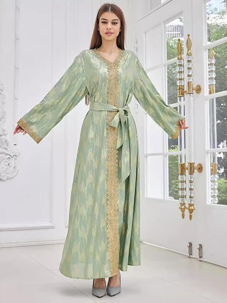 Elegant V-Neck Lace Stitching Maxi Dress Jalabiya